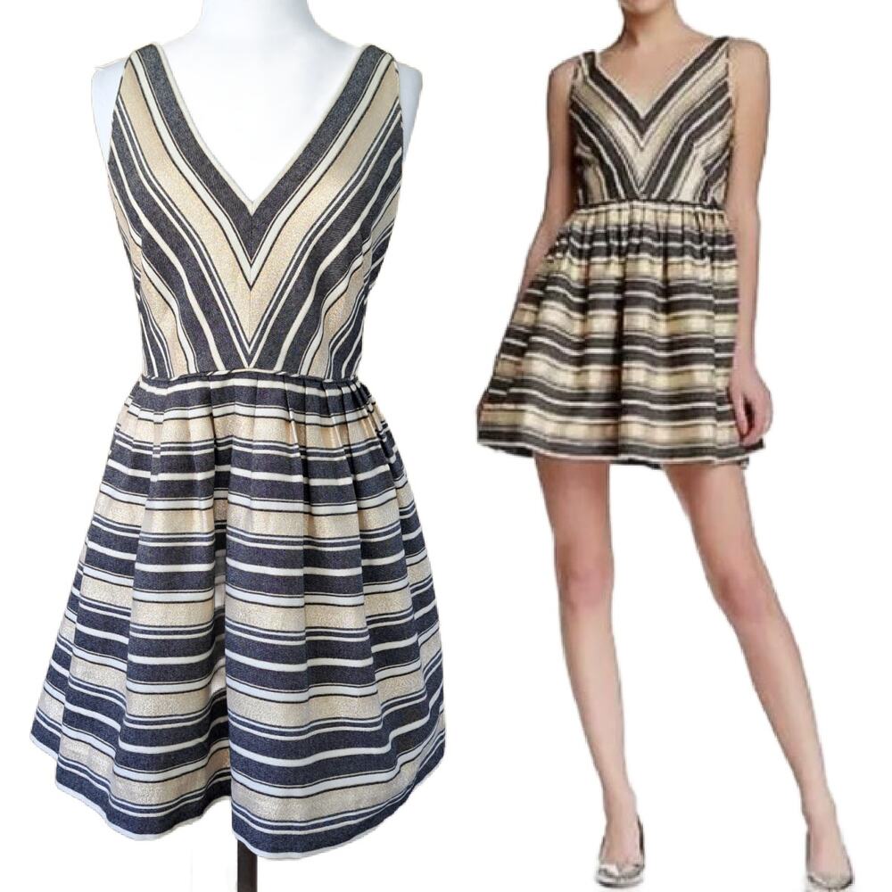 J CREW Fit & Flare Metallic Stripe Mini Dress Size 14 Cocktail Party